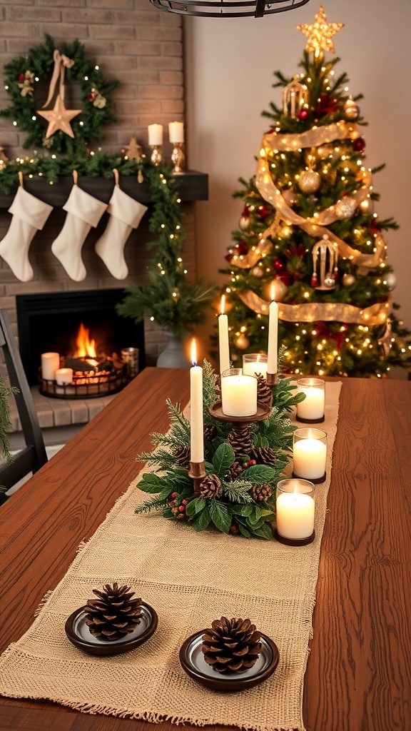 A rustic Christmas decor setup with a burlap table runner, pinecone centerpieces, and a decorated tree by a fireplace.